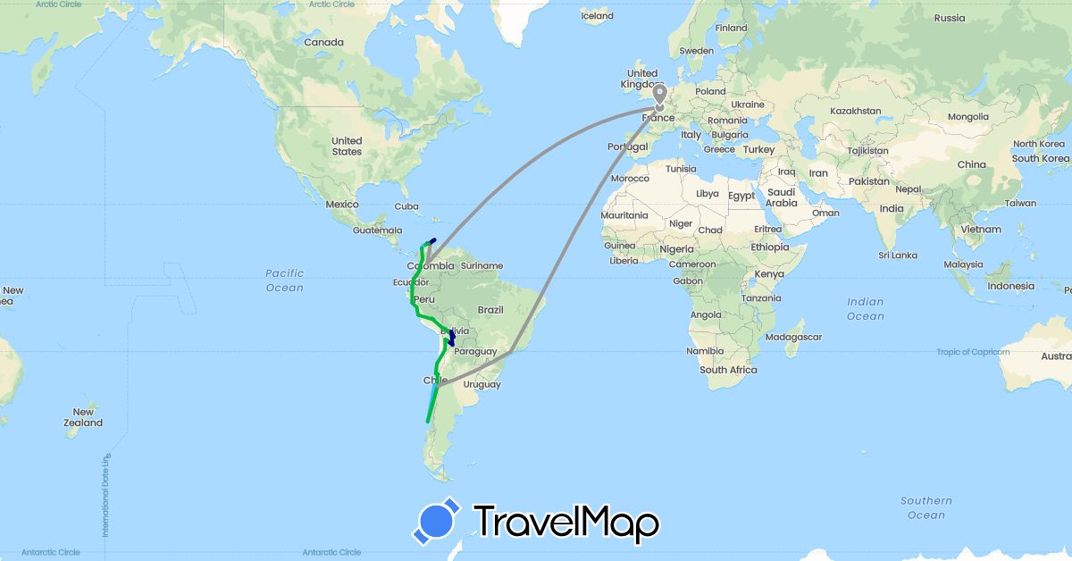 TravelMap itinerary: driving, bus, plane, hiking, boat in Bolivia, Brazil, Chile, Colombia, Ecuador, France, Peru (Europe, South America)